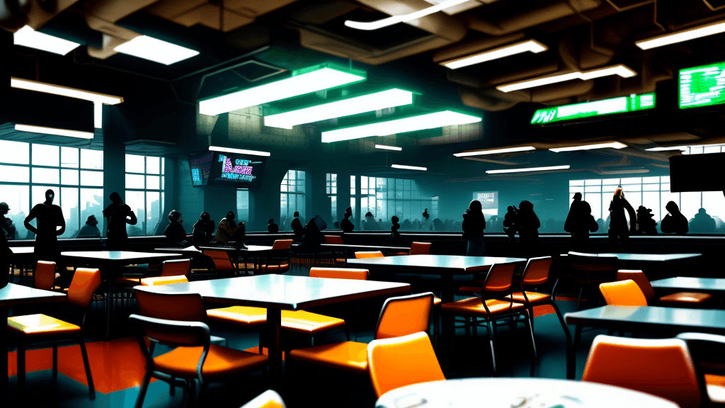 AI generated: Cyberpunk university cafeteria with a few people during day