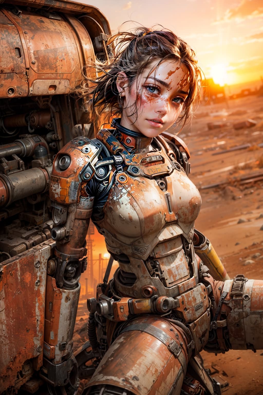 AI generated: realistic photo modelshoot style, (detailed face), (woman waifu in a cramped rusty hydraulic mech ex...