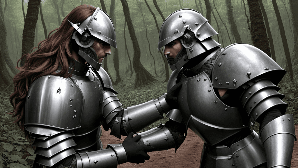 AI generated: a war between human male Armoured warriors in a forest, hair, man face
