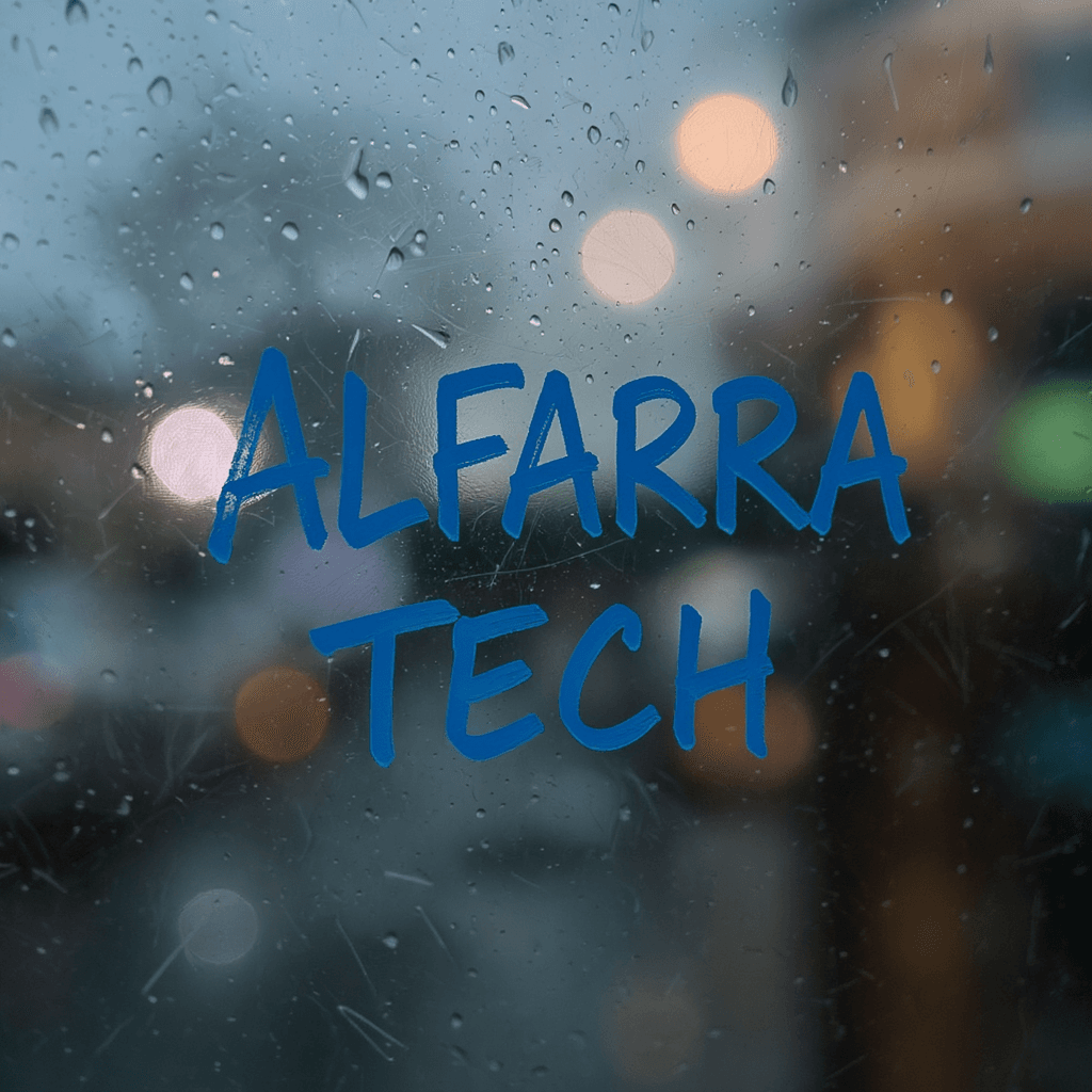 AI generated: photography, close-up candid shot, foggy window with blue color lip stick-drawn letter "ALFARRA TECH...