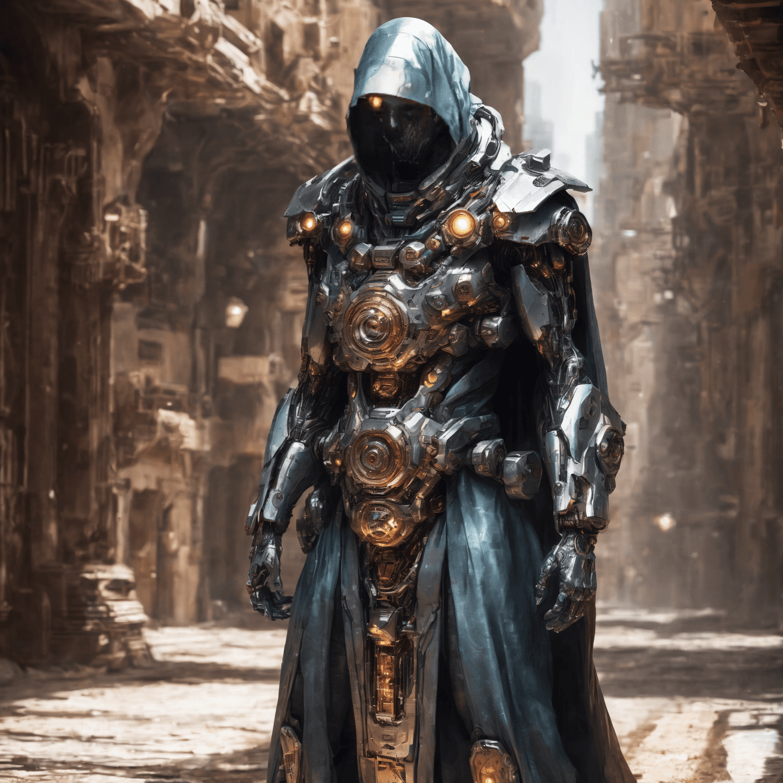 AI generated: Hyperrealistic art Dimensional Nomad:Prompt: "A dimensional nomad man cyborg, wearing a cloak that c...