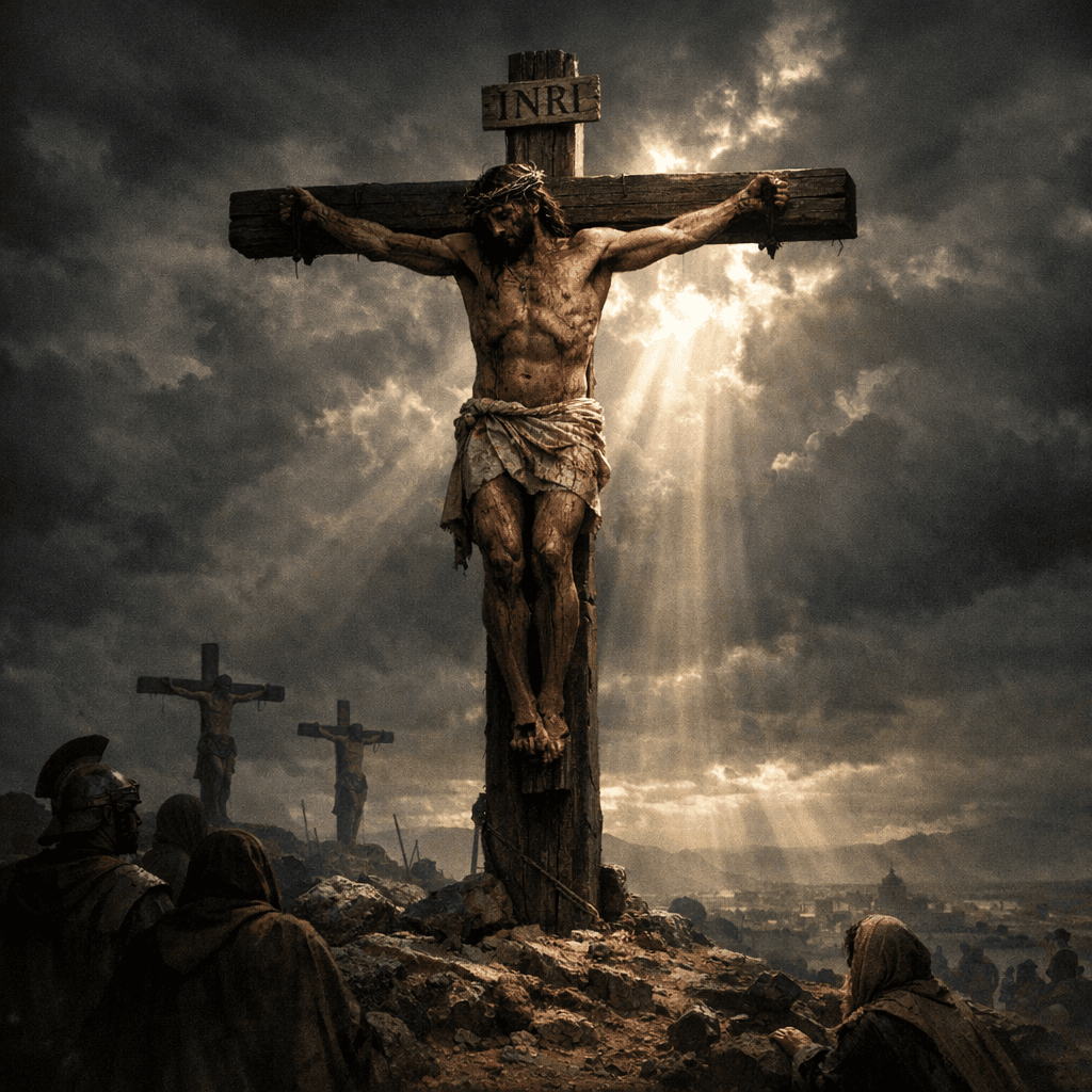 AI generated: “Jesus on the cross at Golgotha, darkened skies, dramatic lighting breaking through clouds, cinemati...