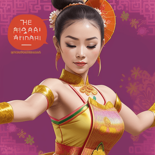 AI generated: The image shows a woman in a traditional Thai costume dancing in the foreground, with a blurred back...