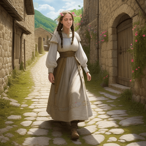 AI generated: -HDR photo of woman, long braided brunette hair with flowers, walking on a stone path in a medieval ...