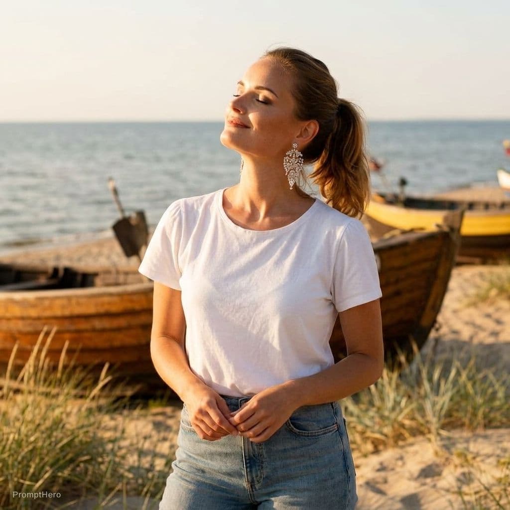 AI generated: a dark blond woman with ponytail hair slim waste, flat chest is standing in the beach, in the style ...