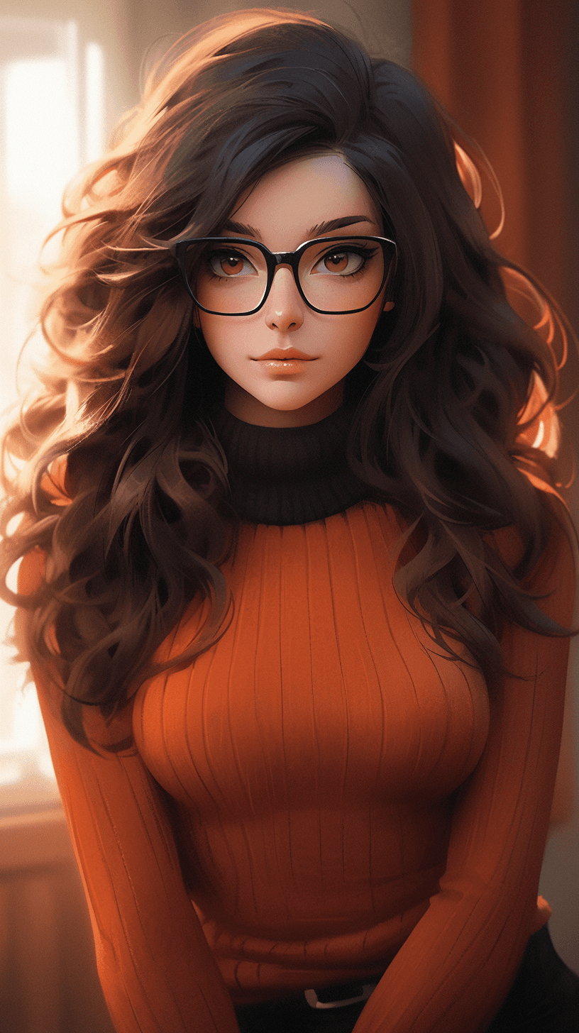 AI generated: 
professional portrait, goth girl, velma from scooby-doo, a girl wearing eye glasses and an orange ...
