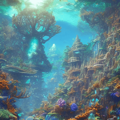 AI generated: a sunken city with spires that pierce the depths.
coral structures blend seamlessly with ancient sto...