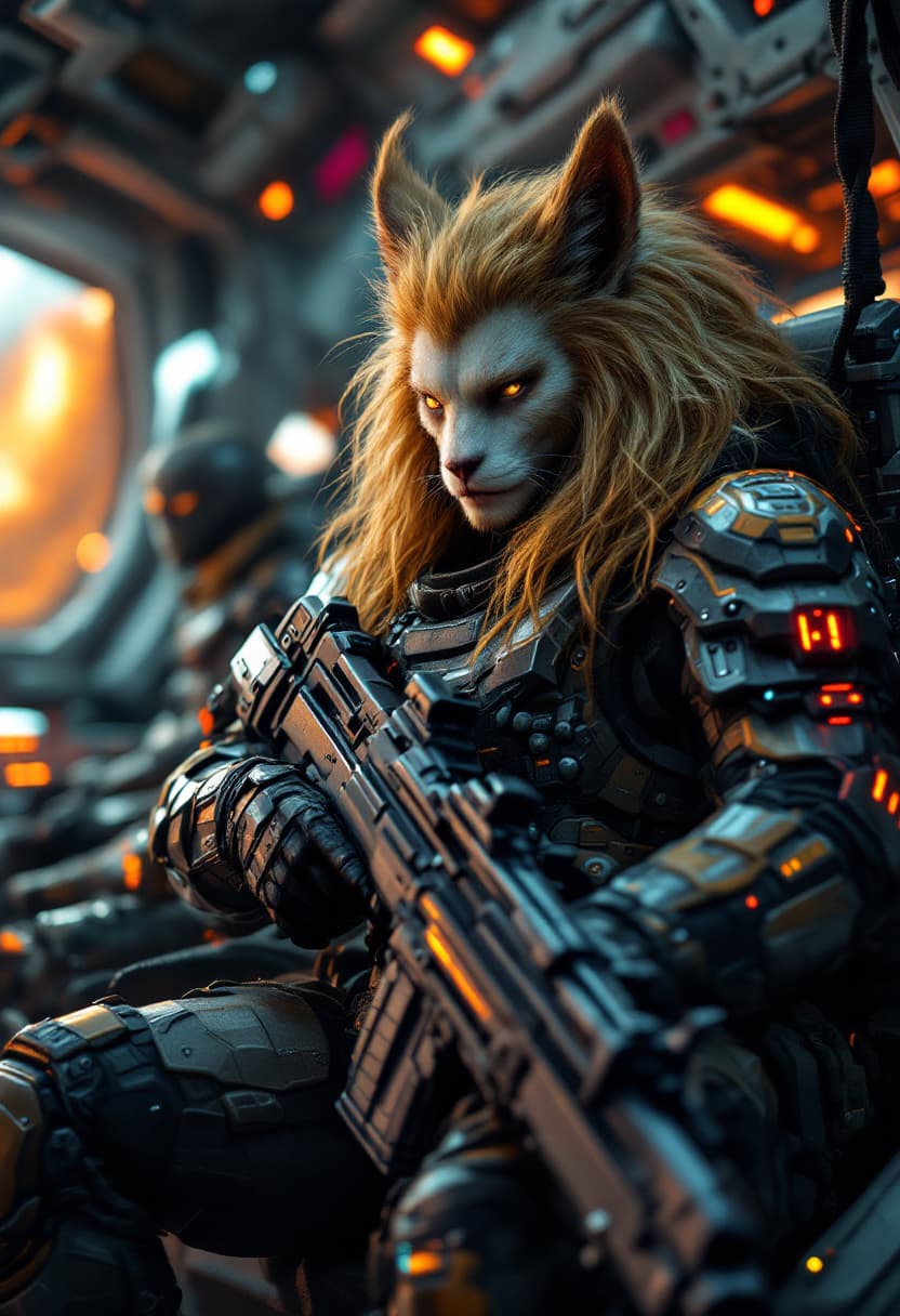 AI generated: A 50yo focused humanoid with feline features and hair like a long golden mane futuristic NCO space m...