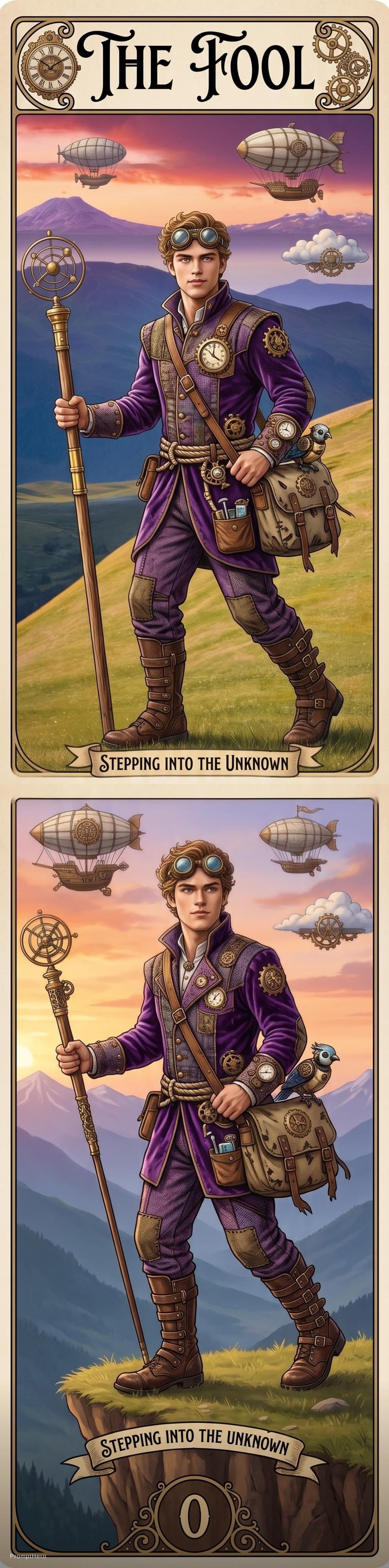 AI generated: Tarrot card, the fool, funny stayle, Steampunk