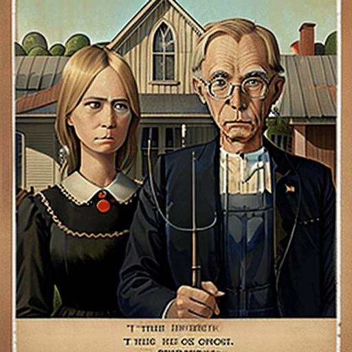 AI generated: Grant Wood style of american gothic poster, donald trump and melania trump