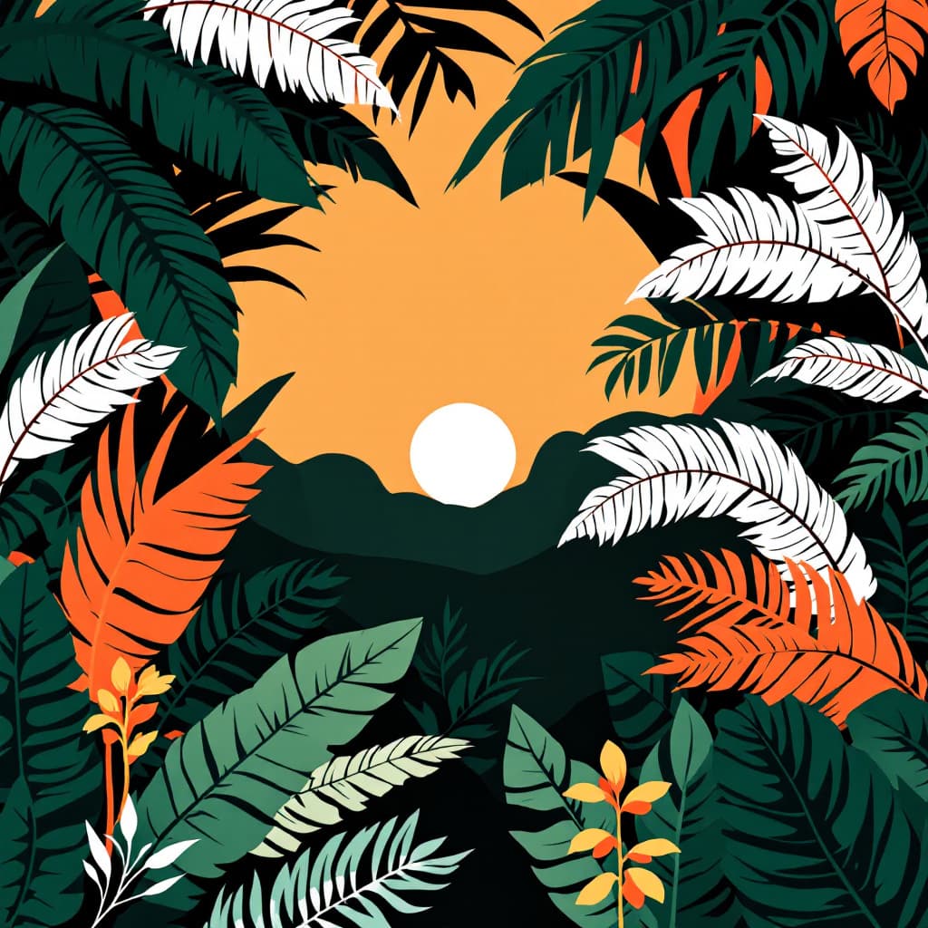 AI generated: graphic jungle scene illustration background for a 3x3 grid. in the center is a small white circle. ...