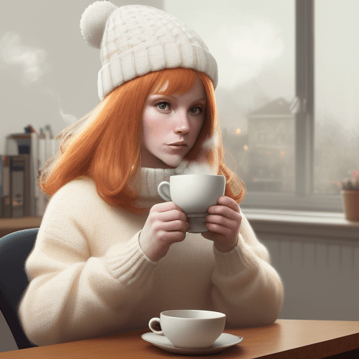 AI generated: ginger and white furred hamster wearing a knitted hat and jumper. hamster holding a steaming cup of ...