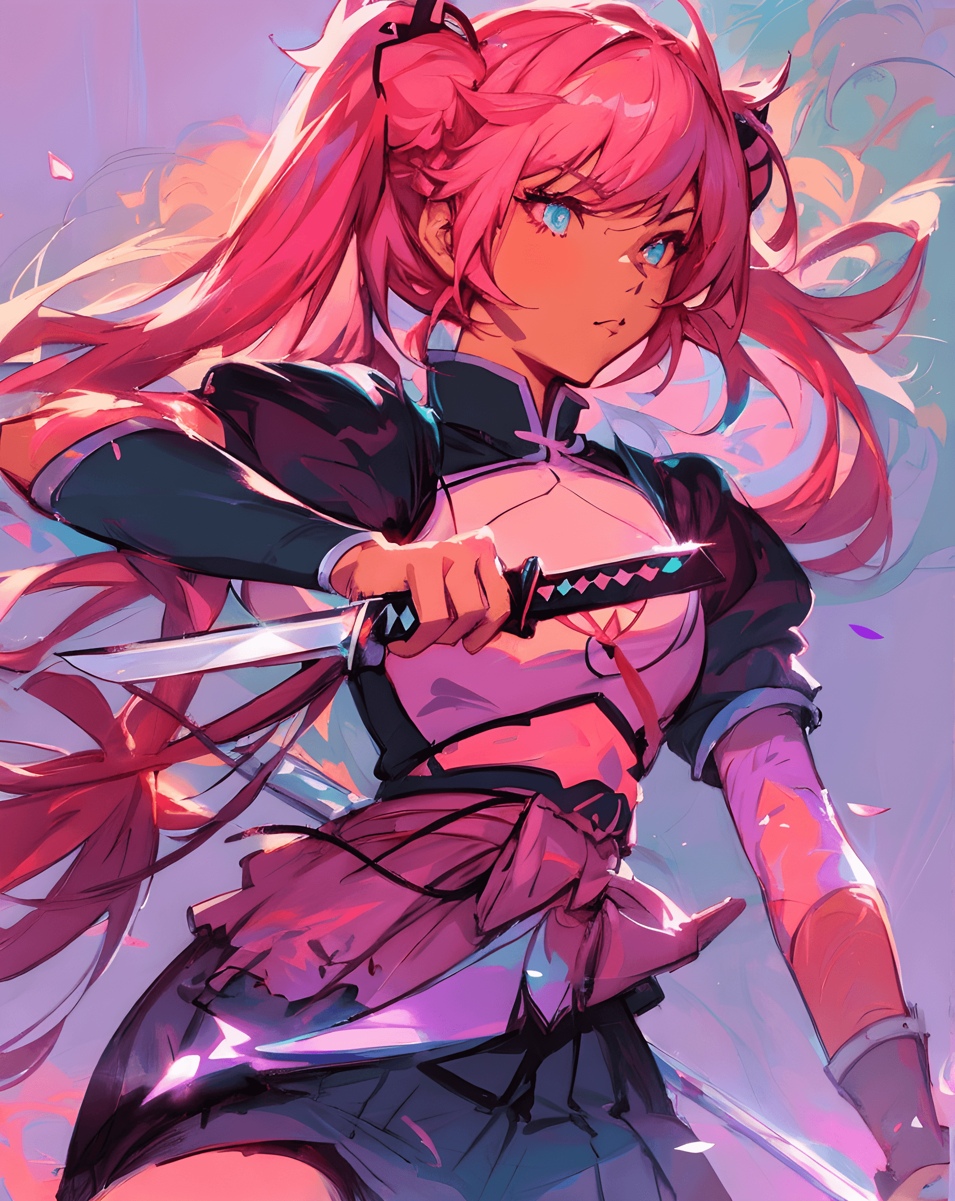 AI generated: a drawing of a woman holding a sword, an anime drawing, inspired by rossdraws, pink twintail hair an...