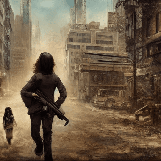 AI generated: post apocalyptic cityscape, girl walking carrying rifle and teddy bear