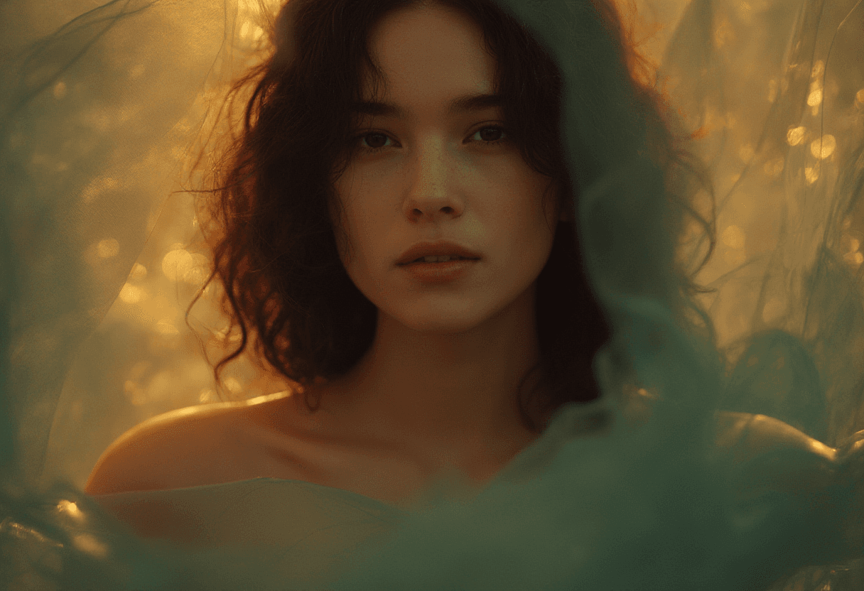 AI generated: A photorealistic close-up portrait of a topless woman with fair skin and dark, shoulder-length hair,...