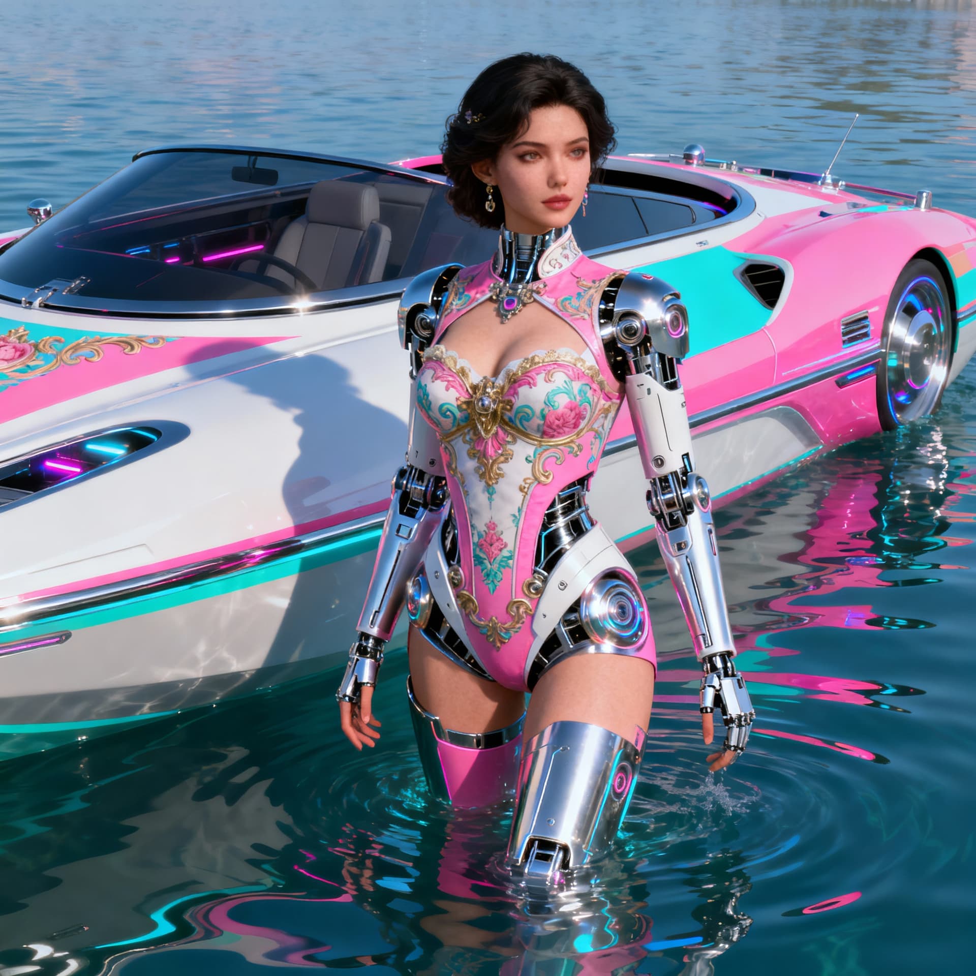 AI generated: commercial photo of a stunning woman standing in water near a boat, in the style of colorful futuris...