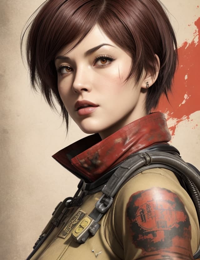 AI generated: a picture of a female fallout 3 character, in the style of anime art, dark red and beige, monumental...