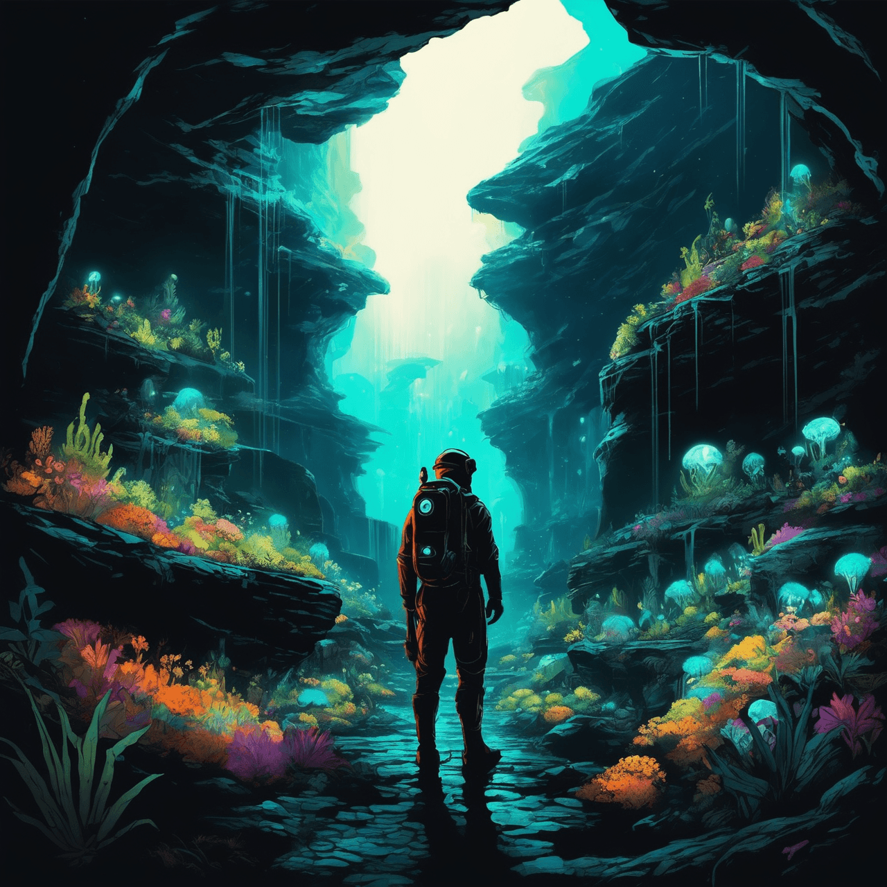 AI generated: A subterranean explorer, aged 35, clad in advanced underground exploration gear, stands within a col...