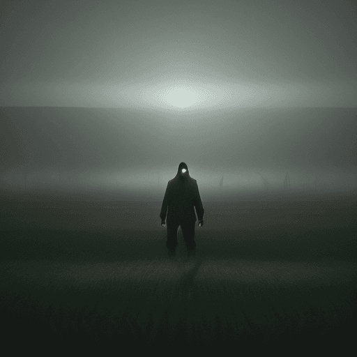 AI generated: 
dark figure in the middle of a field, dirty, grimmy, with smoke and fog in the shadows, particles f...