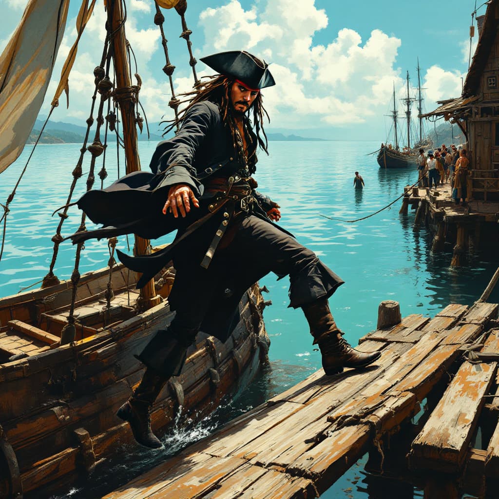 AI generated: "illustrate in detail the precise moment Jack Sparrow steps onto the dock from the mast of his sinki...