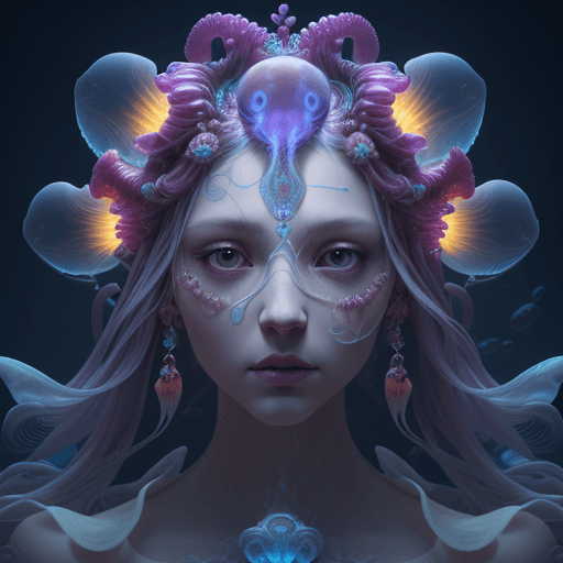 AI generated: Goddess close-up portrait ribcagel. jellyfish phoenix head, nautilus, orchid, skull, betta fish, bio...