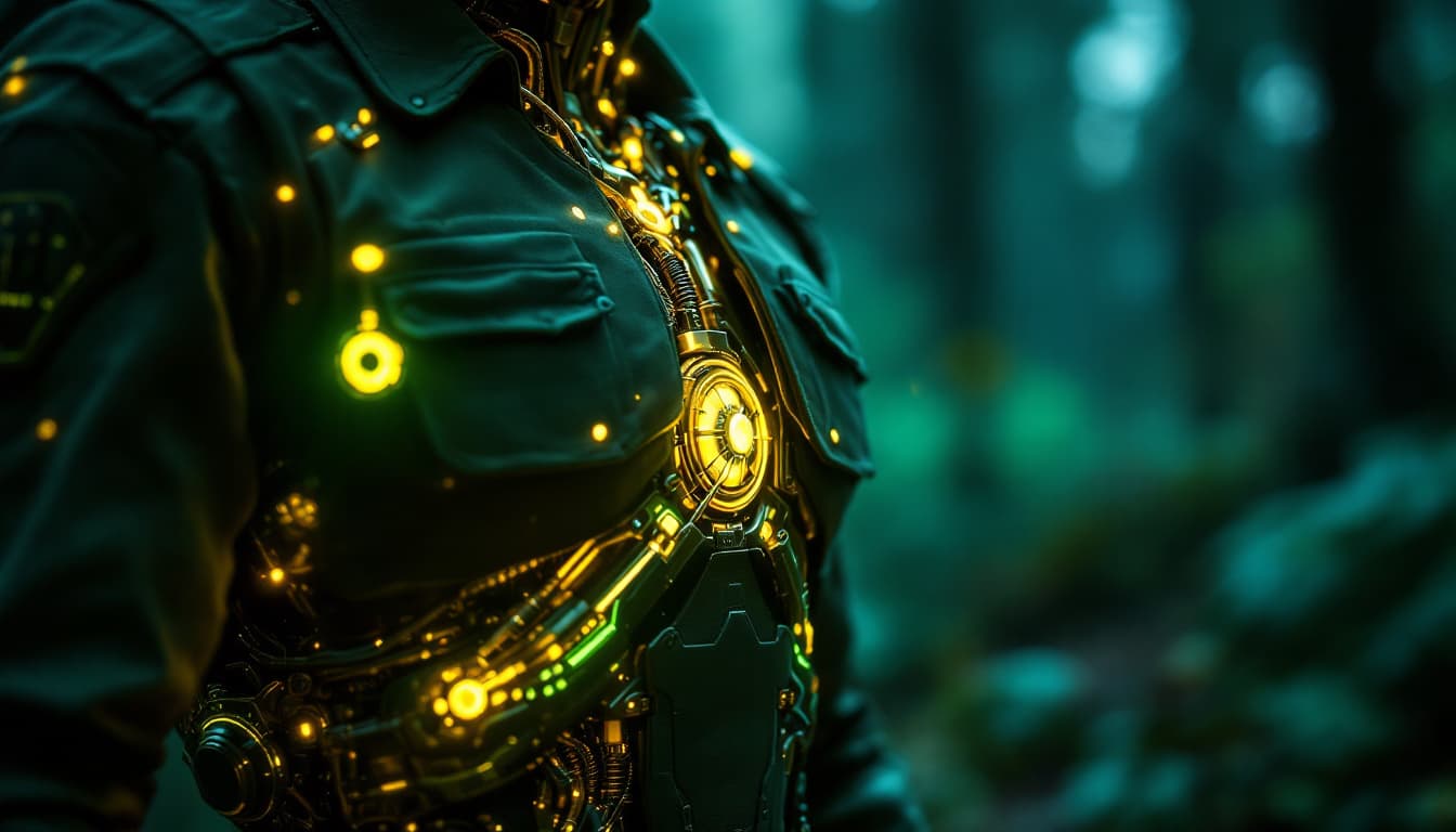 AI generated: A digital fantasy artwork showing a close-up of a person's torso with glowing green and golden biome...