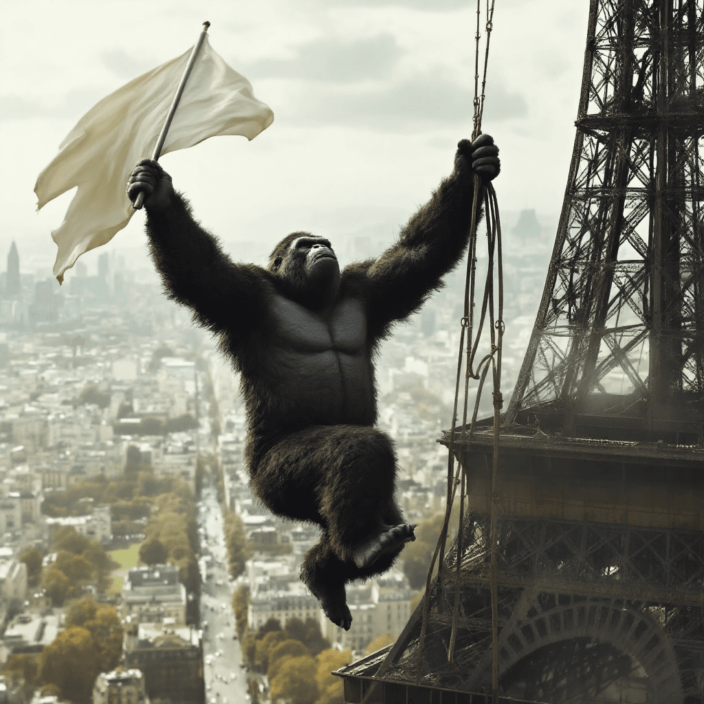 AI generated: king Kong climbing the Eiffel Tower, holding a white flag attached to a metal pole in one hand, in a...