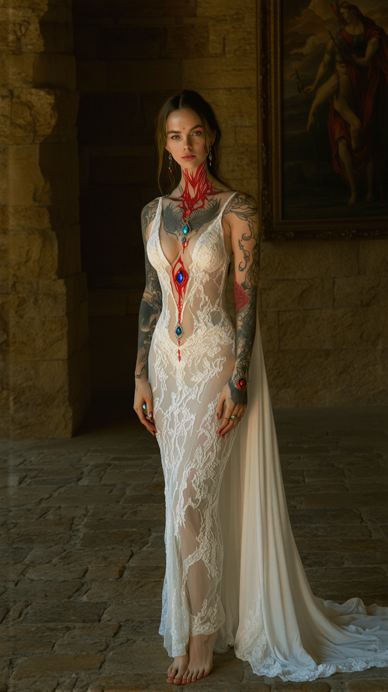 AI generated: a full-body view of a noblewoman from the Middle Ages of England, elegantly poised in a grand, dimly...