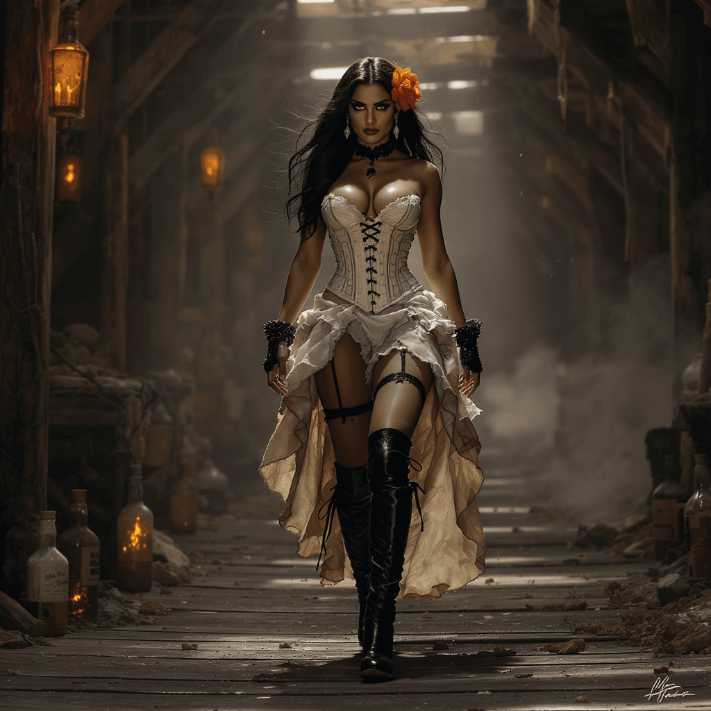 AI generated: A cinematic scene of a fierce, confident woman in a post-apocalyptic Western saloon setting, wearing...