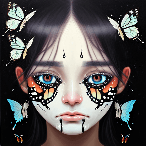 AI generated: a painting of a face with tears transforming into butterflies.