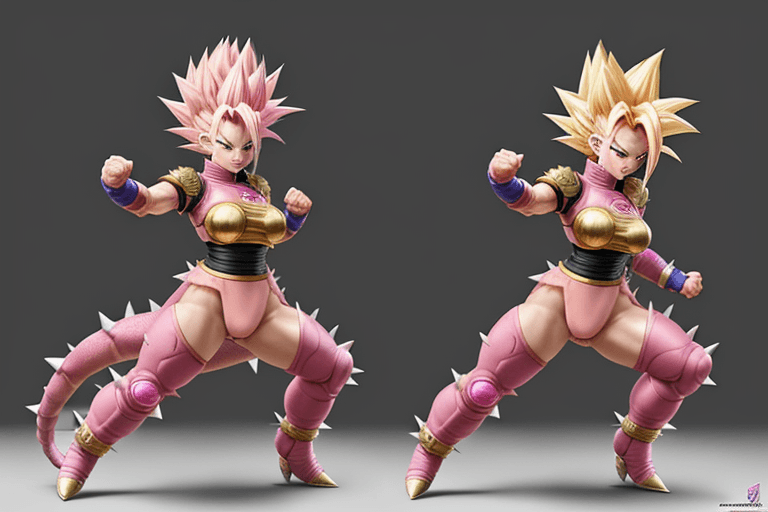 AI generated: spiky hair, pink hair, saiyan armor, full body (Dragon Ball Z), action, (female), highly detailed, t...