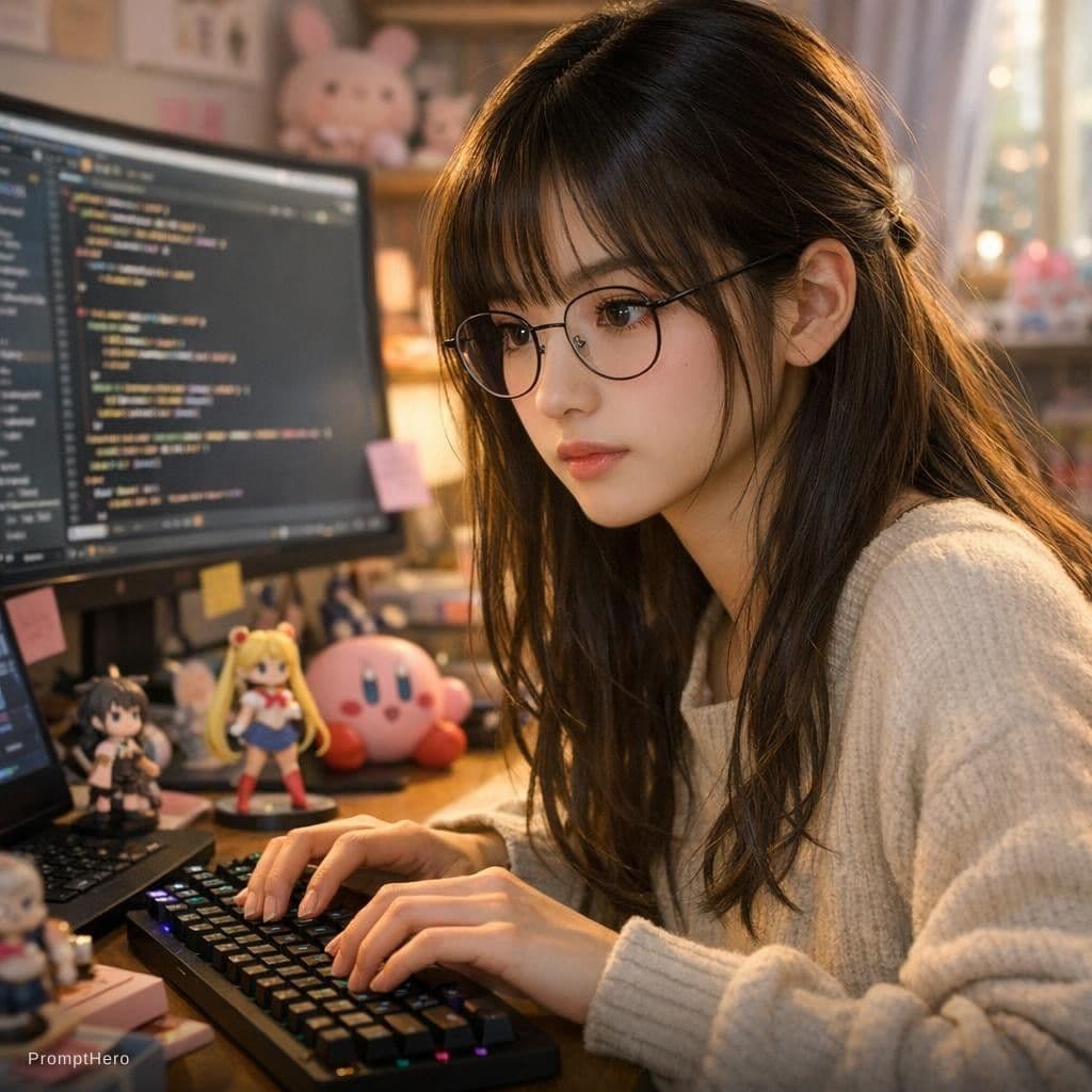 AI generated: Realistic Japanese Introverted face pretty girl. Focusing on coding a bit like nerd but cute at the ...