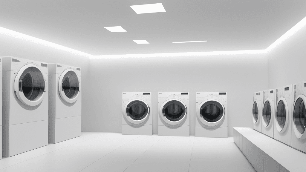 AI generated:  A white (high-tech:2) washing machine showroom with a (futuristic:1) design style, simple and clean