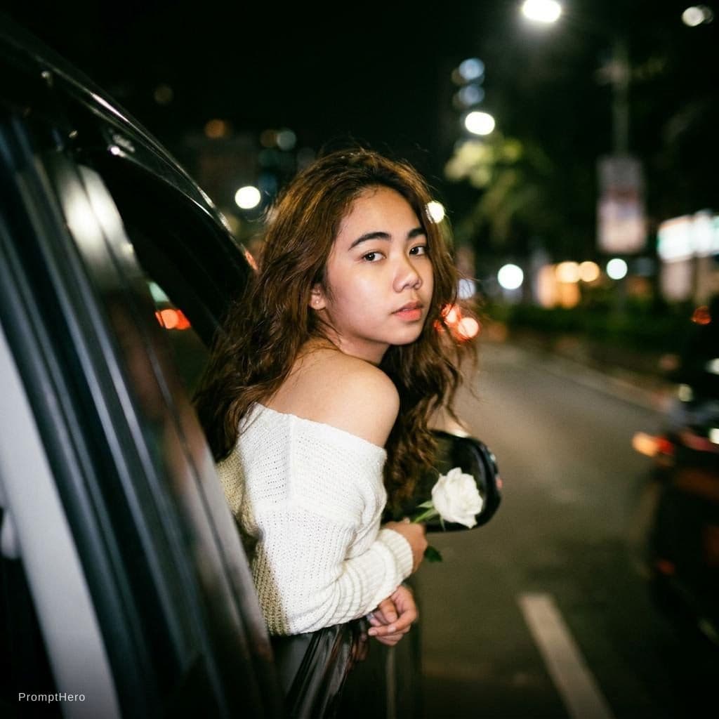 AI generated: Create a photo of me leaning my back out the window car like a dark dreamy blurry vintage windy

n...