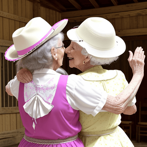 AI generated: Elderly people were dancing in an old style dance hall, dressed in colorful dresses and white blouse...