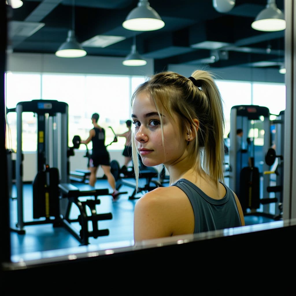 AI generated: A mirror that reflects a young female play with a A gym with lots of machines and people in the back...