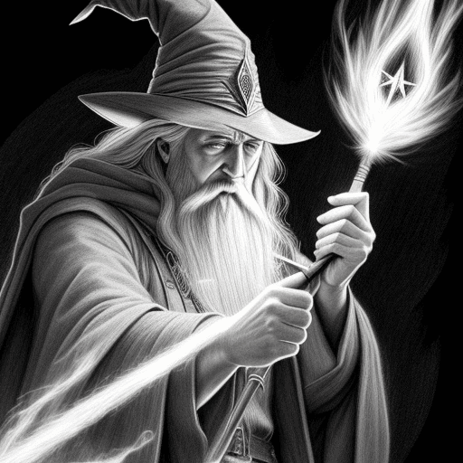 AI generated: a pencil artist illustration of a wizard firing his wand 