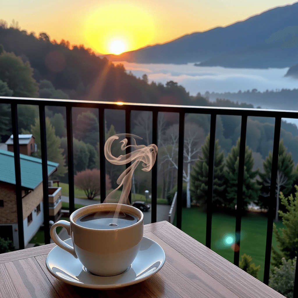 AI generated: A quiet morning scene, steam rising from a coffee cup on a balcony overlooking a misty valley as the...