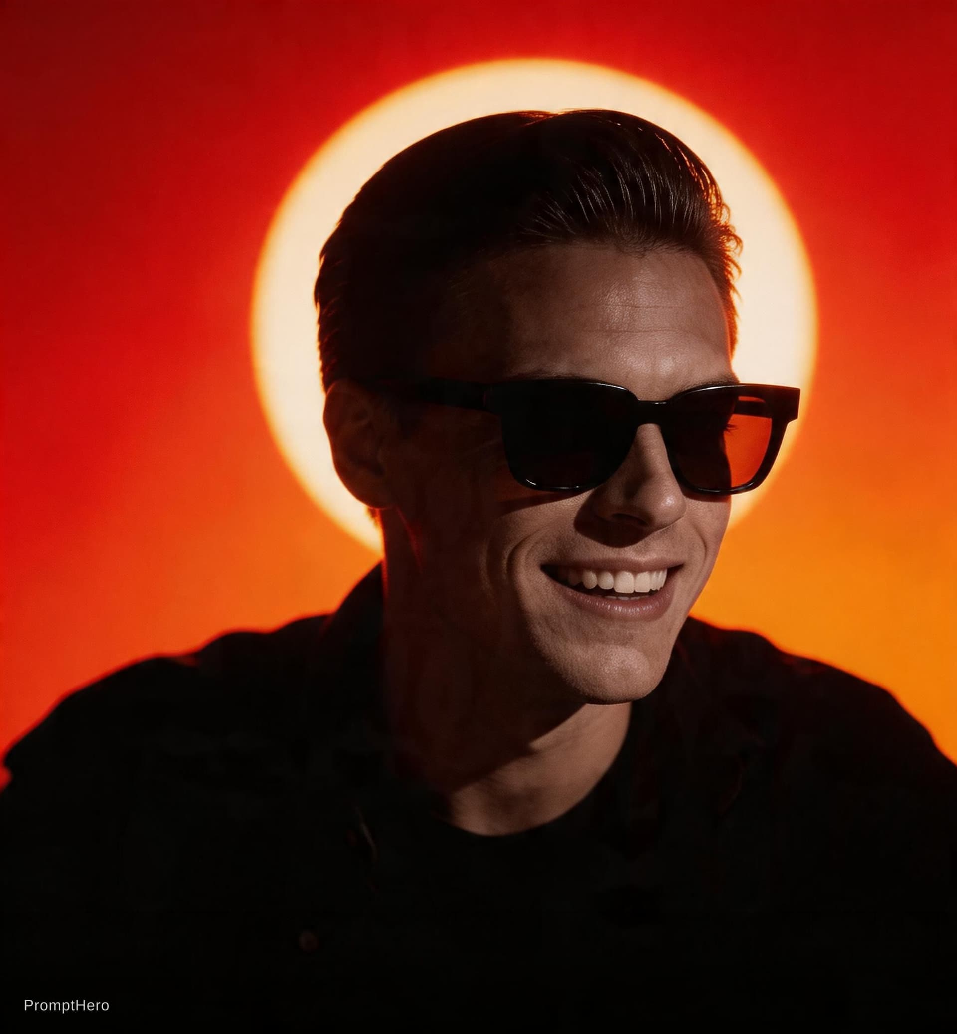 AI generated: A person with slicked-back dark hair wearing oversized square sunglasses is shown in a dramatic, cin...