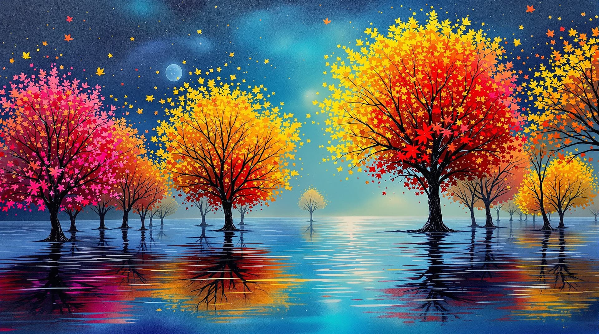 AI generated:   une abstraction  sur un canvas liquide d ,un  paysage aux couleurs d,automne 3d  avec des arbres  ...