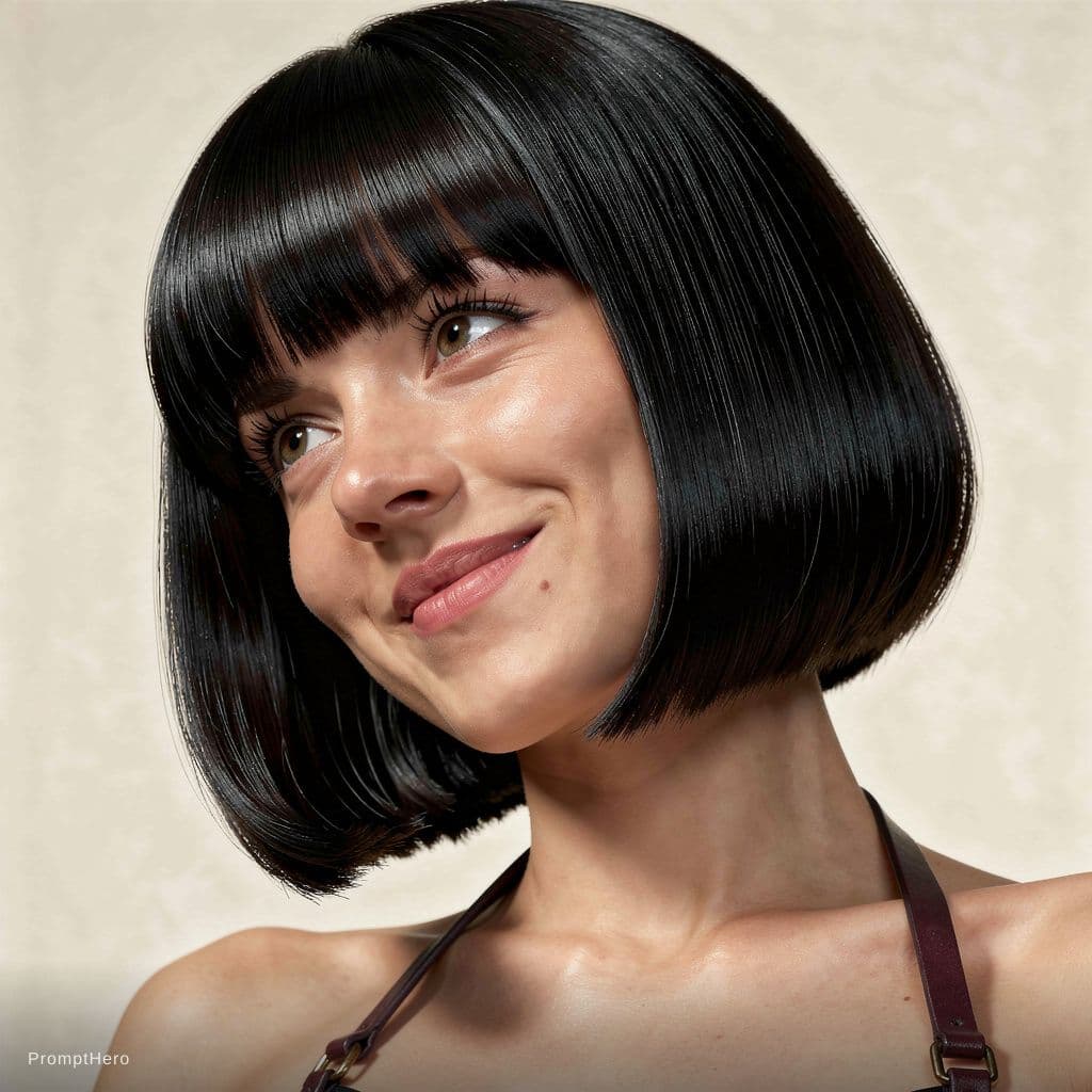 AI generated: hair photography, woman, bob cut hair, black, ivory hue background, studio lighting setup, realistic...