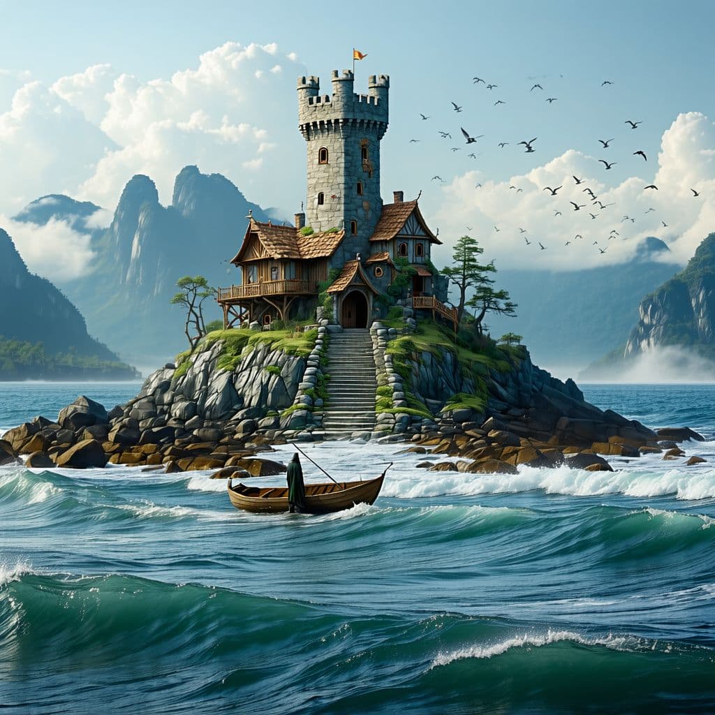 AI generated: High resolution photography  of a sunny bay landscape with a rocky island washed by waves where is b...