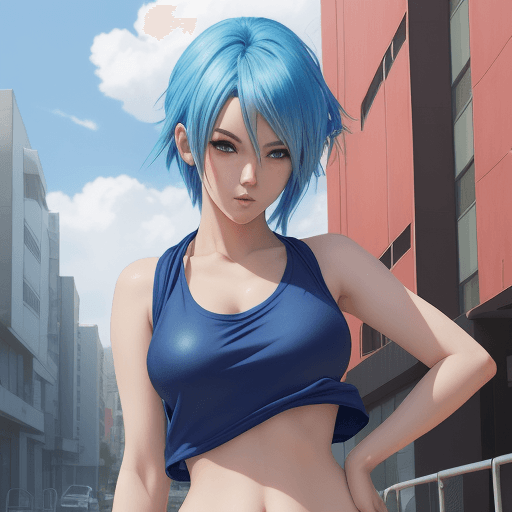 AI generated: anime girl with blue hair and red top posing in front of a building, seductive anime girl, wearing a...