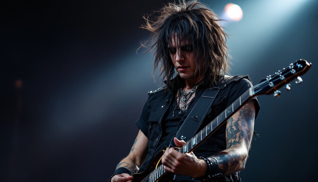 AI generated: Rock musician with guitar, rim lighting from behind, edgy style,no stereotypical rocker look, no exa...