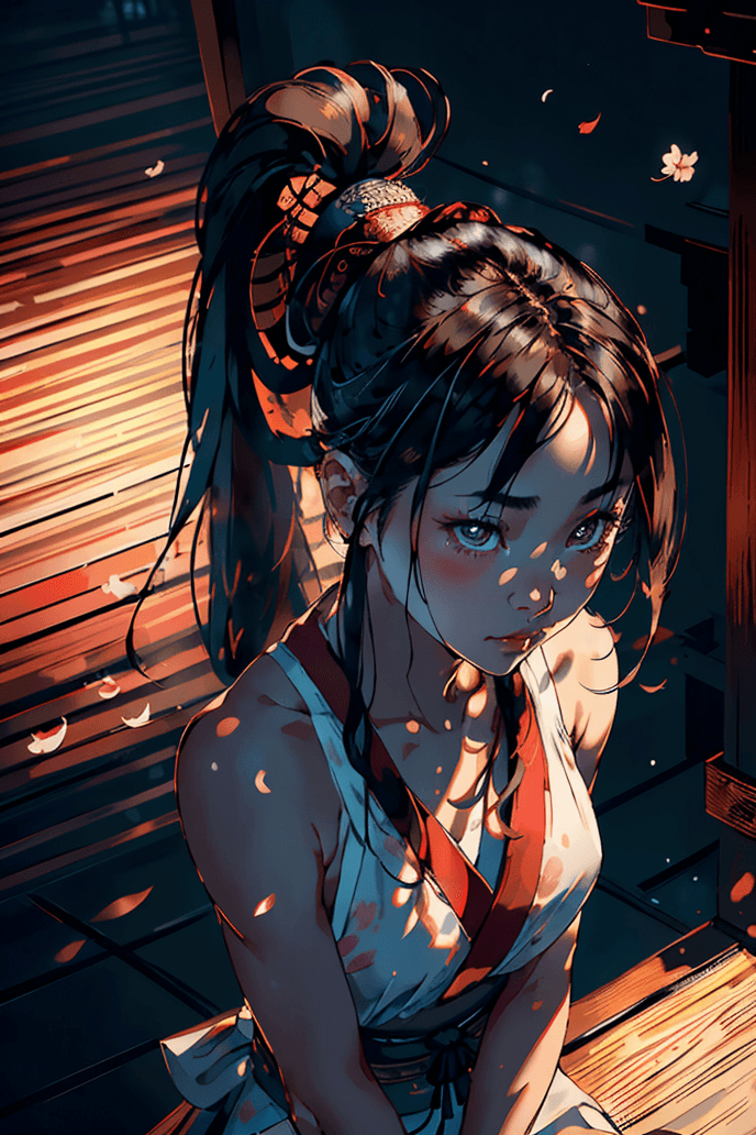 AI generated: Young Samurai with long black hair and ponytail, wearing samurai armor, standing in a Japanese templ...