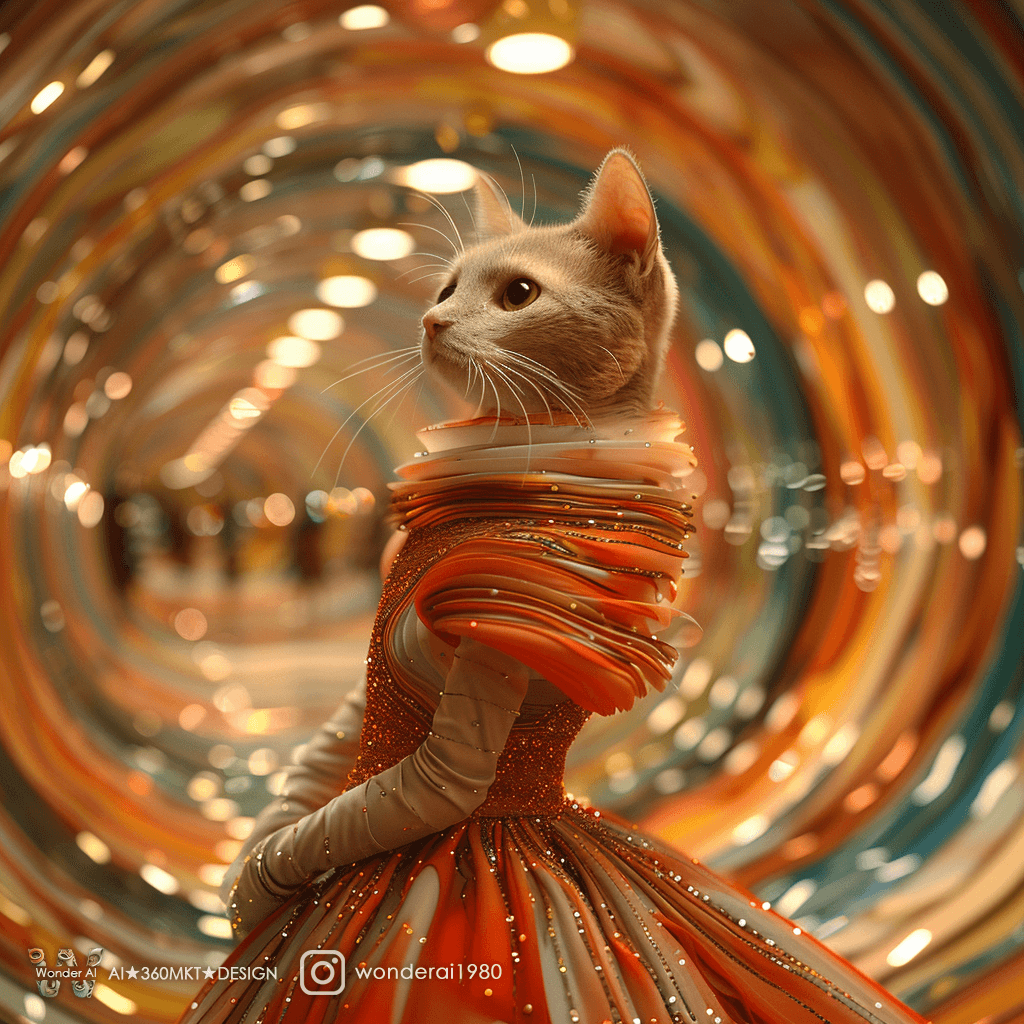 AI generated:  ((an anthropomorphic cute cat, wearing an alcohol ink colored haute couture dress)), ((walking in a...