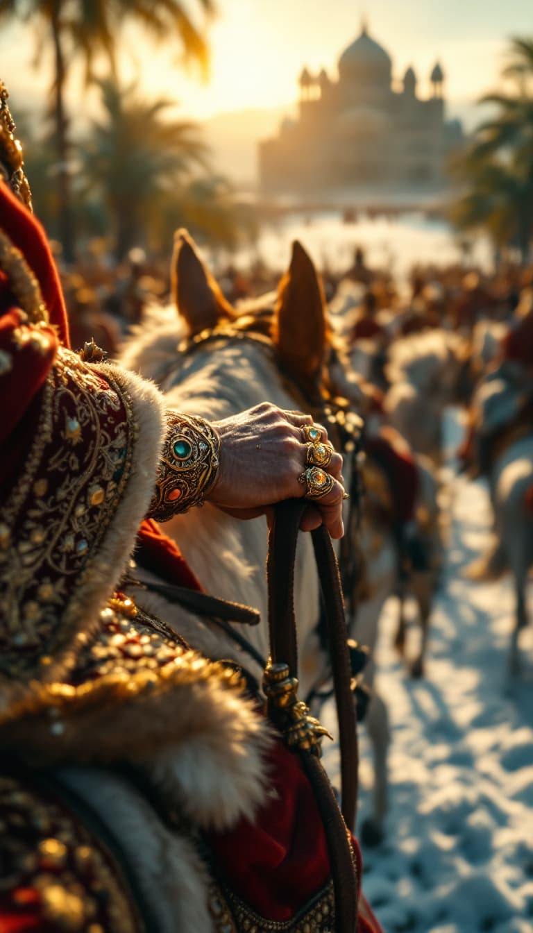 AI generated: First person POV, the male hands grip the reins of his majestic horse, adorned with intricate Ottoma...