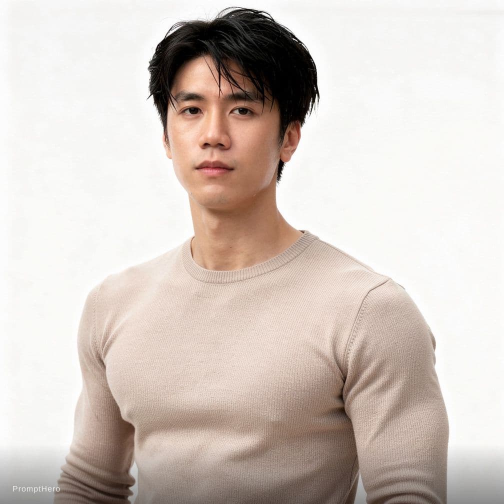 AI generated: photo，3. 5mm，handsome chinese boy, 24years old，weater, white background, muscle，college boy，no cloth...
