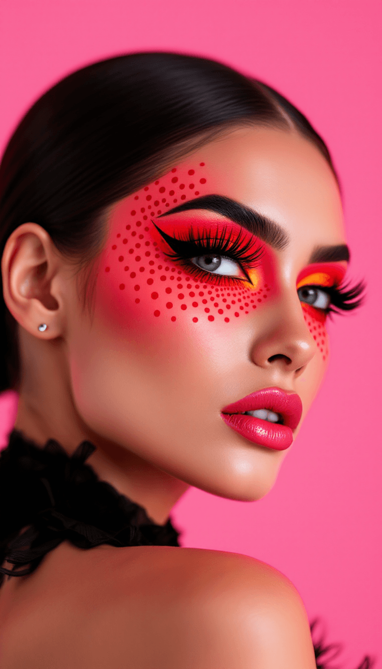 AI generated: closeup side angle photo of an extravagant model with gorgeous bright neon dotted avant-garde red ey...