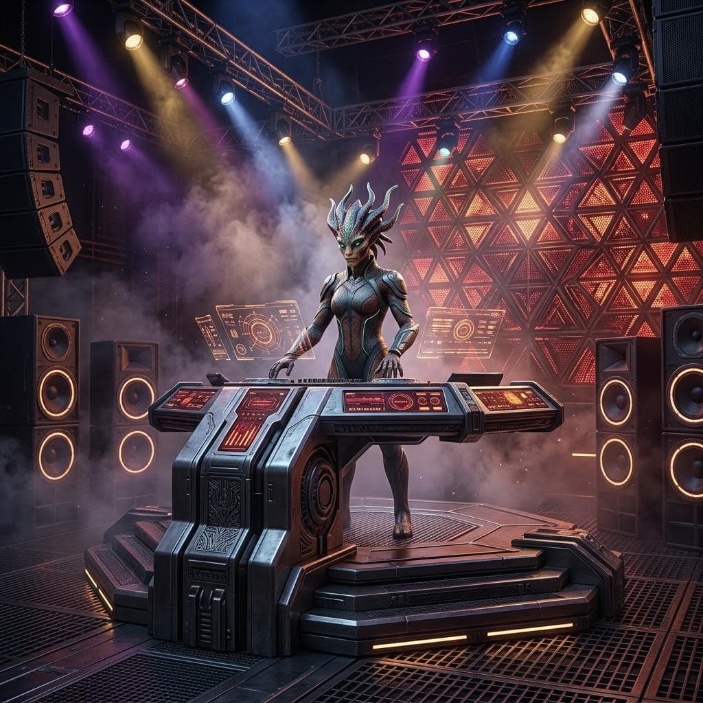 AI generated: Futuristic TAGG DJ command booth inside alien nightclub, massive elevated armored metallic platform ...
